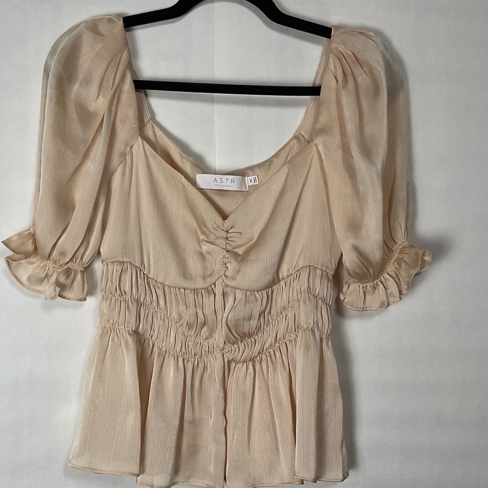Astr Soft Nude Blouse with Empire Waist and Puffed Sleeves Size XS